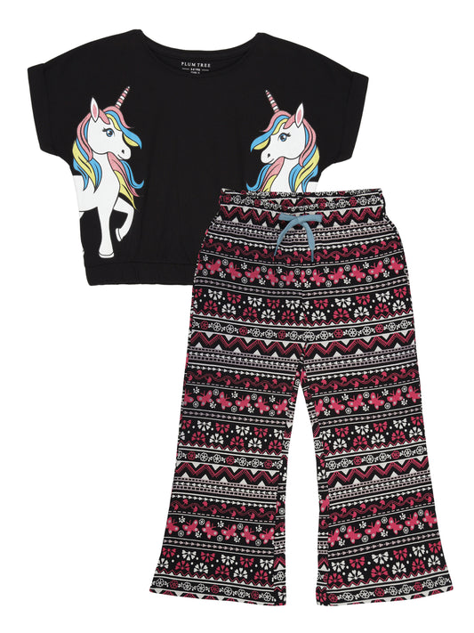Girls 2 piece pure cotton printed Crop top & knit Jogger Set -BLACK BLACK AOP