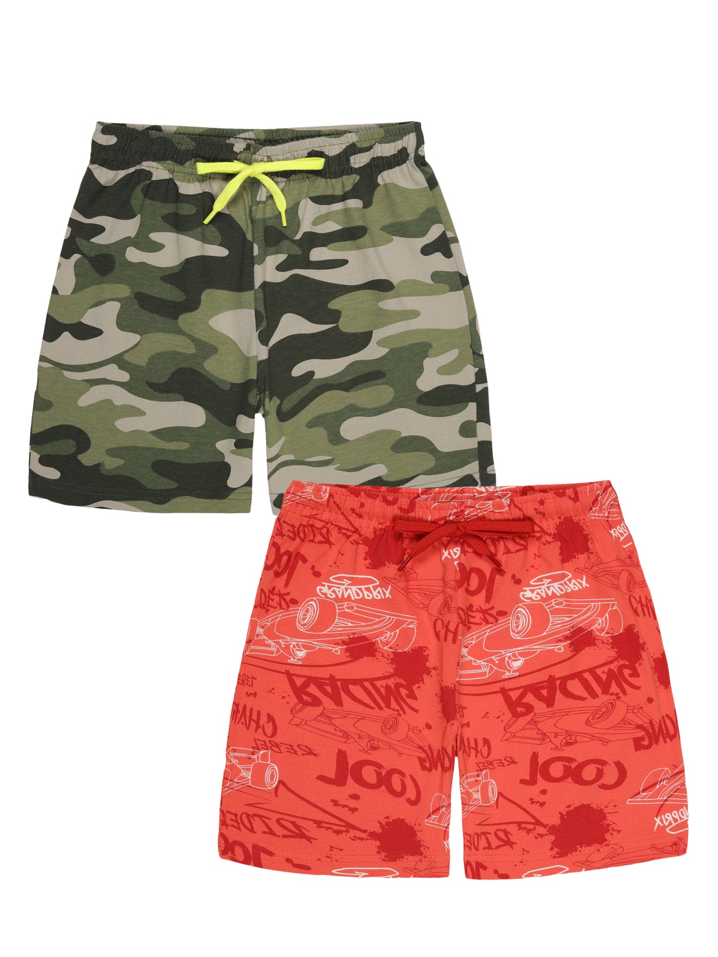 Boys Pure Cotton 2 pack All Over printed Jersey shorts-OLIVE CAMO AOP POWER RED
