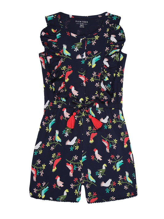 Girls Pure Cotton Printed Playsuit-BLUE