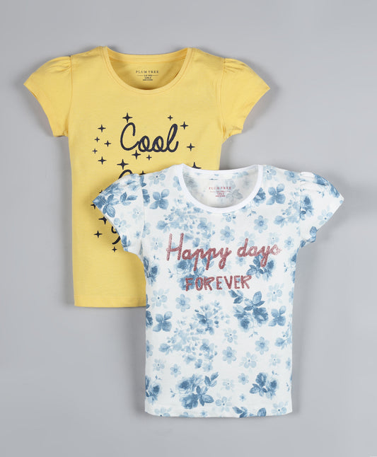 Plum Tree Girls Happy Days Print T-shirt ( Pack of 2)-OFF WHITE YELLOW