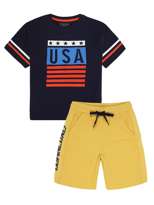 Boys 2 piece pure cotton printed top & Waffle knit Shorts Set -NAVY MUSTARD