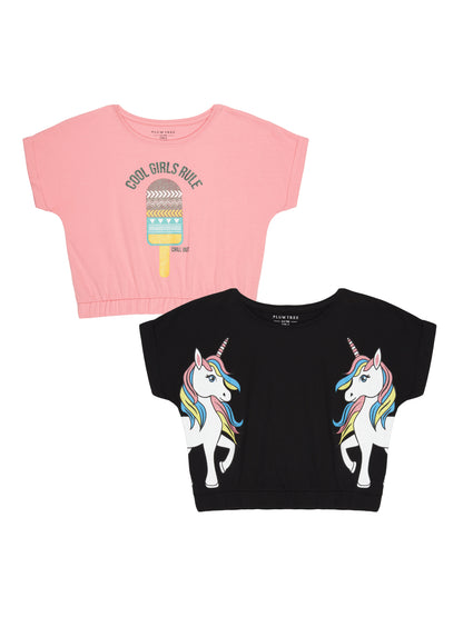 Girls Set of 2 printed pure cotton Crop Top-CORAL BLACK