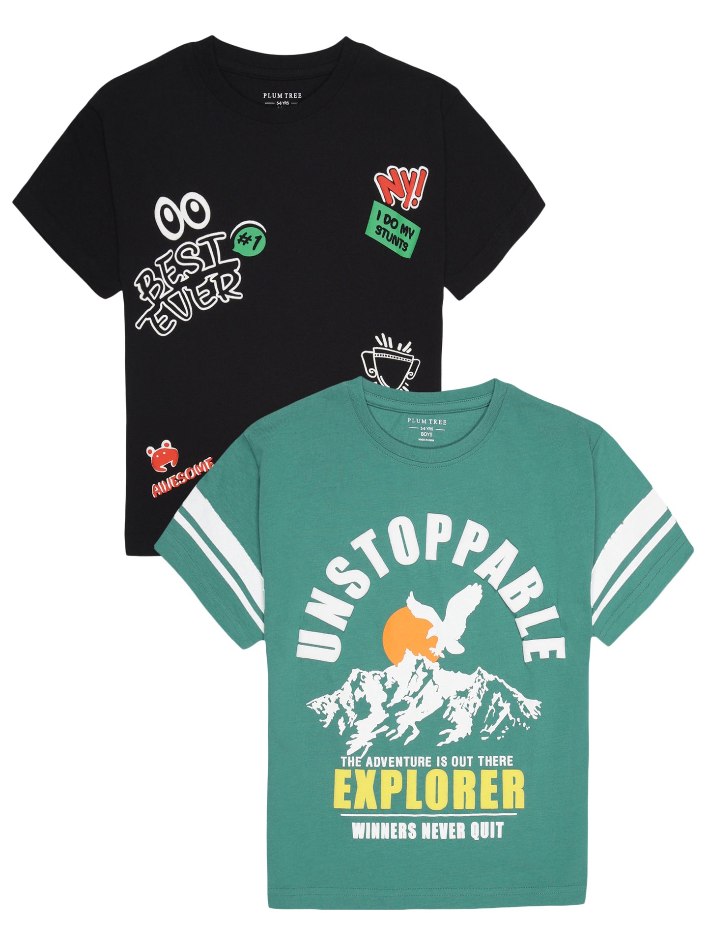 Boys set of 2 printed pure cotton T-shirts with Raised Print-GREEN BLACK