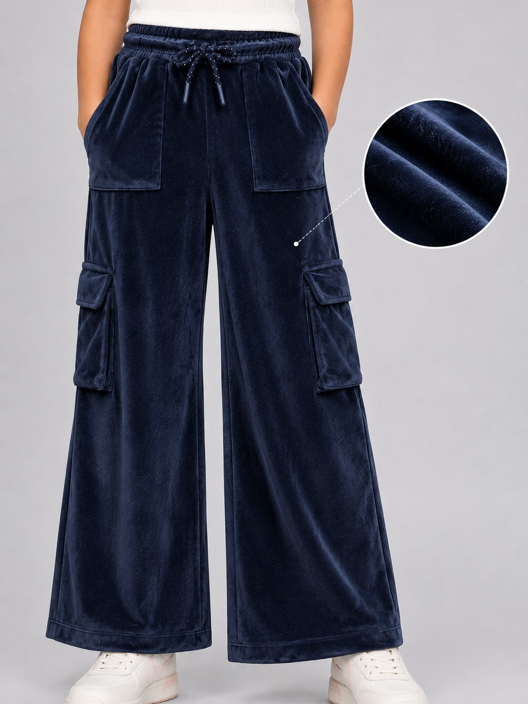 Girls Velour Wide Leg Cargo Pocket Pants