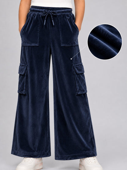 Girls Velour Wide Leg Cargo Pocket Pants