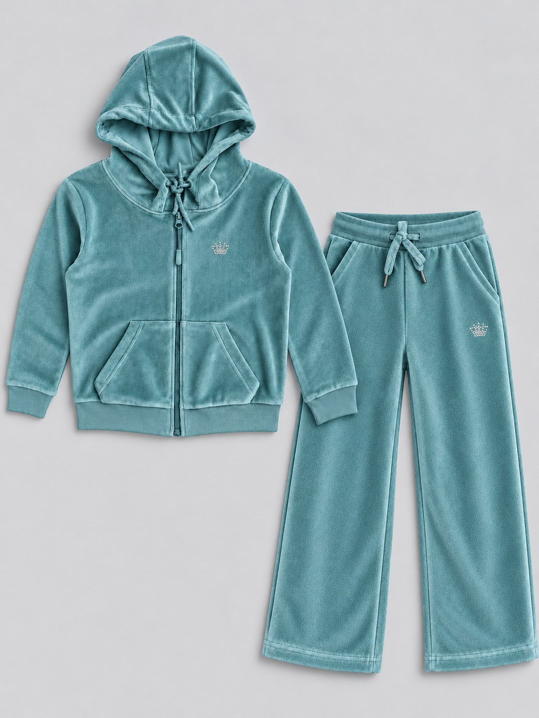 Girls Premium Velour Full Zipper Hooded Sweatshirt and Wide Leg Pant Set