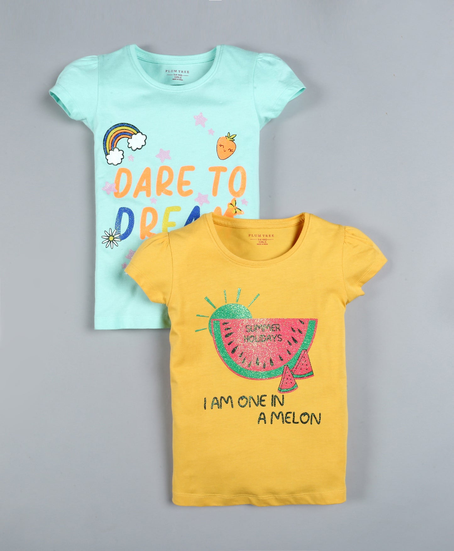 Plum Tree Girls Dare To Dream Print  T-shirt( Pack of 2)-YELLOW & POOL BLUE