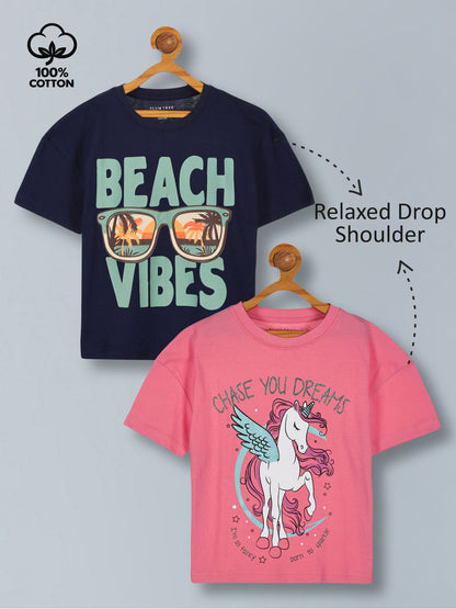 Girls  Premium Cotton  Printed Oversized T-shirt pack of  2