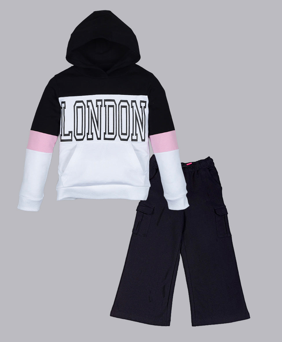 Hoodie Sweatshirt and Solid Cargo Pant set- White and Black