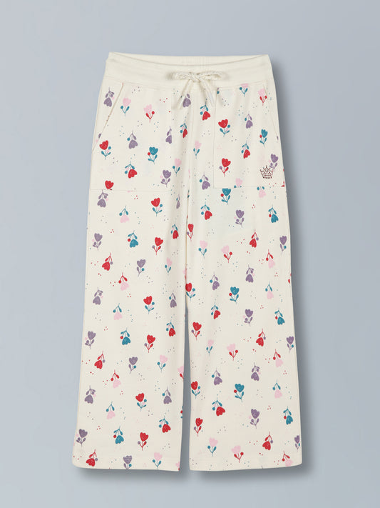 Girls Flower AOP & Crown Stone wide leg relaxed Fit Cotton Trouser - vanilla