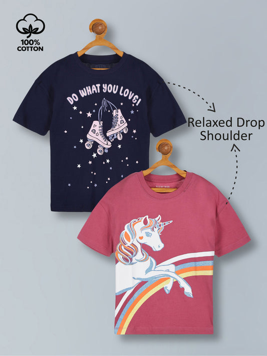 Girls  Premium Cotton  Printed Oversized T-shirt pack of  2