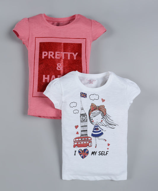 Plum Tree Girls Pretty & Happy Print  T-shirt( Pack of 2)-OFF WHITE & PINK