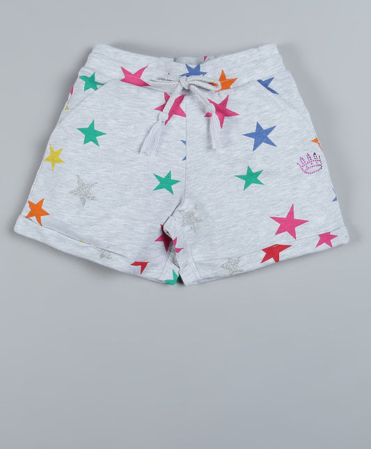 Plum Tree Girls  All Over Multi Colored Star Printed Shorts-GREY MELANGE