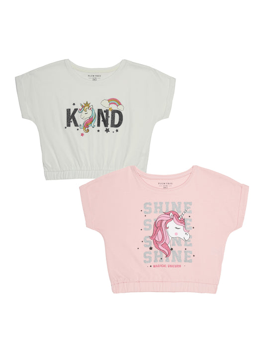 Girls Set of 2 printed pure cotton Crop Top-PEARL WHITE SOFT PINK