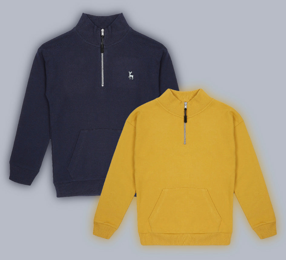 Boys Solid Half Zipper Sweatshirt Pack of 2 - Yellow and Navy