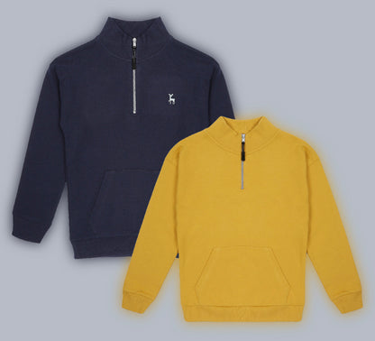 Boys Solid Half Zipper Sweatshirt Pack of 2 - Yellow and Navy