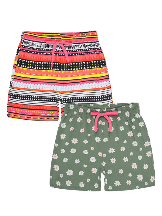 Girls Pure cotton 2 pack  All Over Printed Shorts-GREEN WHITE