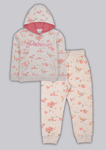 Glitter Printed Hoodie Sweatshirt and Printed Jogger set- Peach