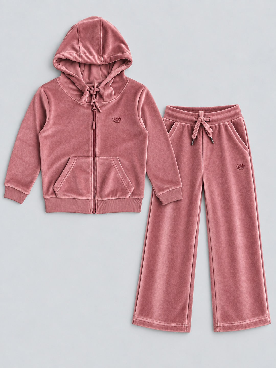 Girls Premium Velour Full Zipper Hooded Sweatshirt and Wide Leg Pant Set