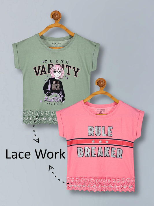 Girls Premium Cotton Crop Top With Lace Border Pack of 2