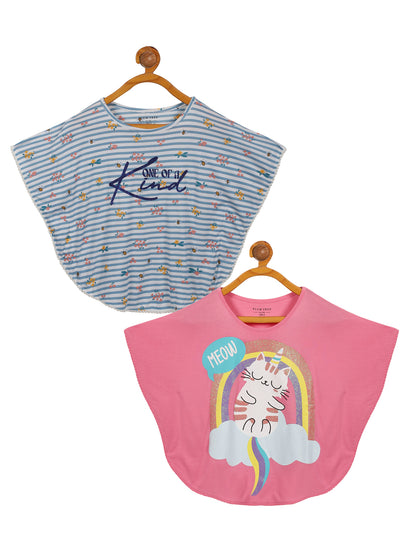 Girls Set of 2 printed Soft Rayon Poncho T-shirts-ROUGH PINK PEARL WHITE