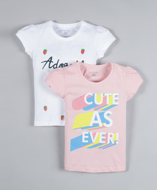 Plum Tree Girls Cute Print T-shirt ( Pack of 2)-PINK & OFF WHITE