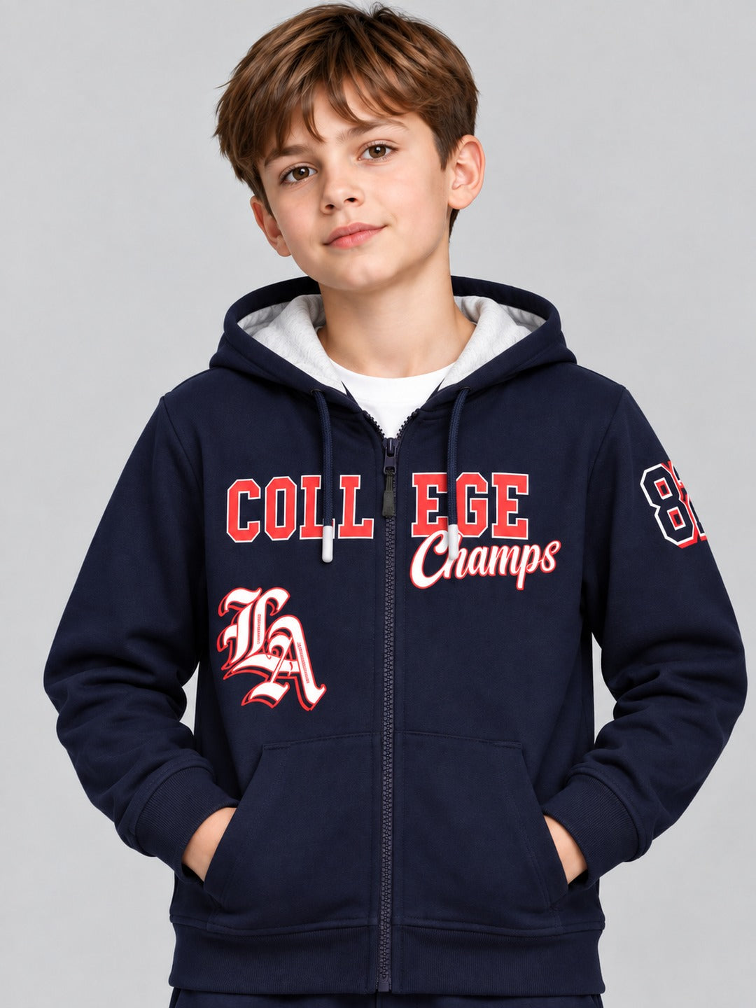 Boys Premium Soft Cotton Full Zipper Printed Hooded Sweatshirt