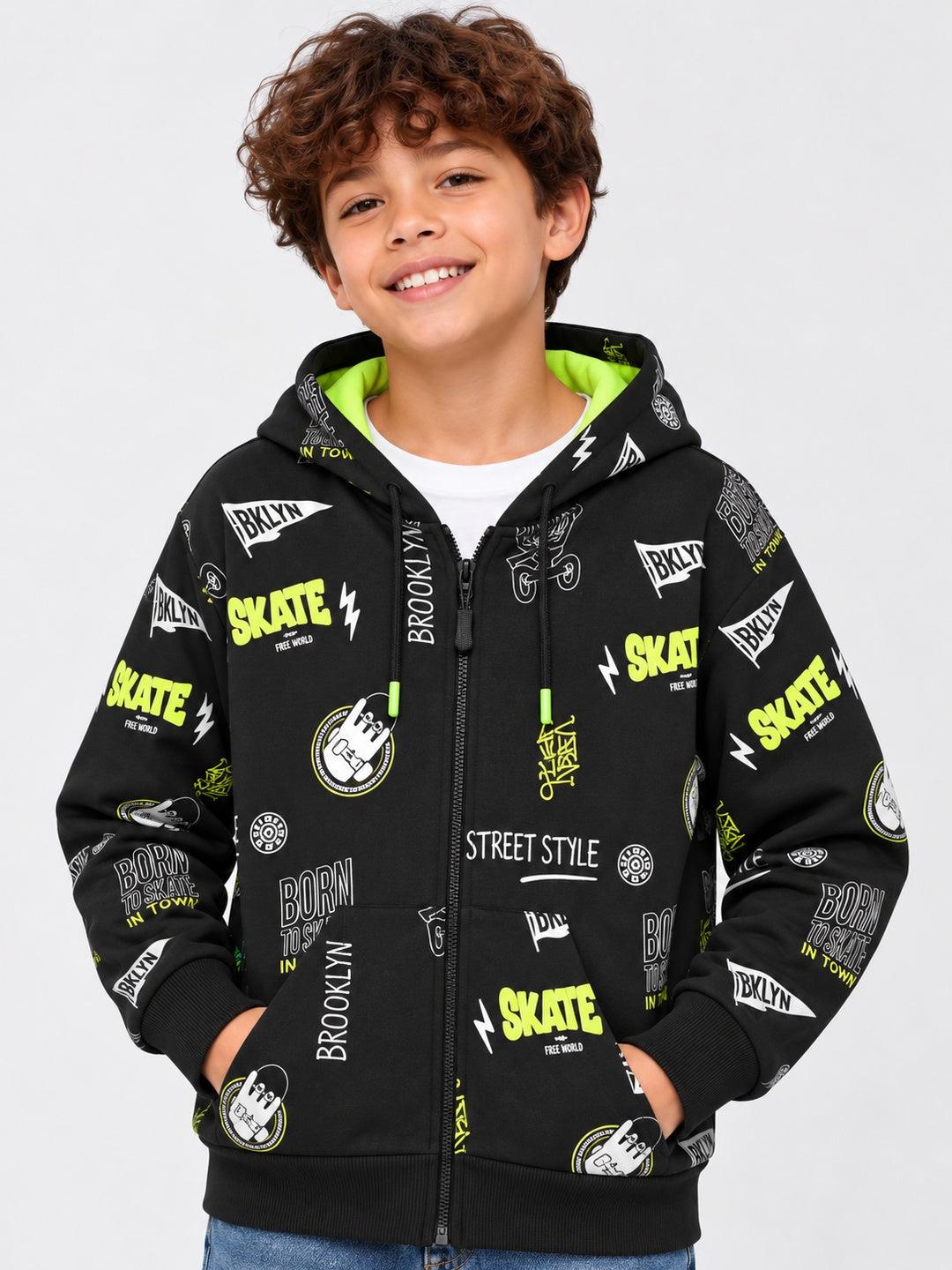 Boys Premium Soft Cotton Full Zipper Printed Hooded Sweatshirt