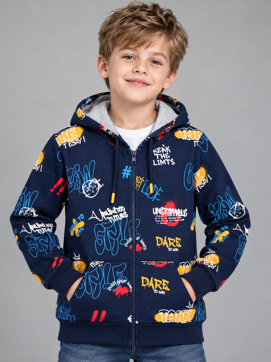 Boys Premium Soft Cotton Full Zipper Printed Hooded Sweatshirt