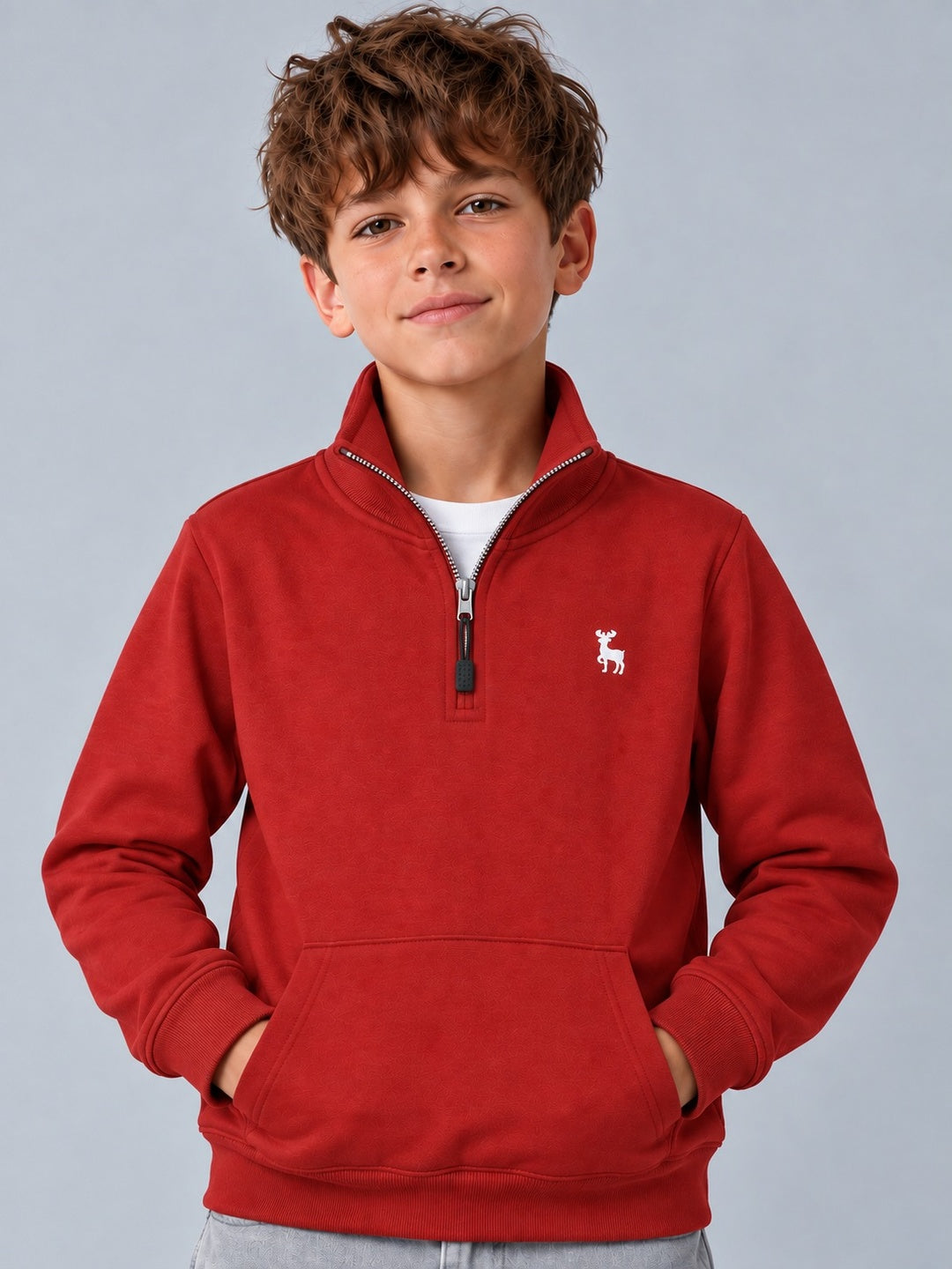 Boys Premium Soft Cotton Full Sleeve Half Zipper Hi-Neck Sweatshirt