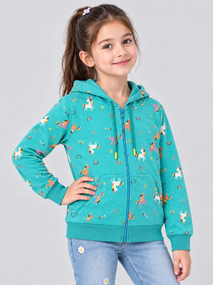 Girls Premium Soft cotton Full Zipper Printed Hooded Sweatshirt
