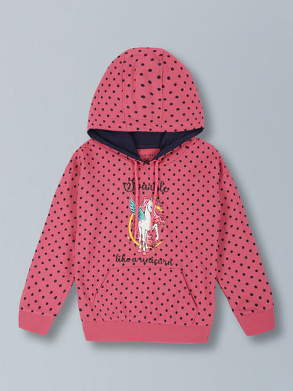 Girls Polka AOP & Sparkle Like A Unicorn Hooded Cotton  sweatshirt - Lovely Pink