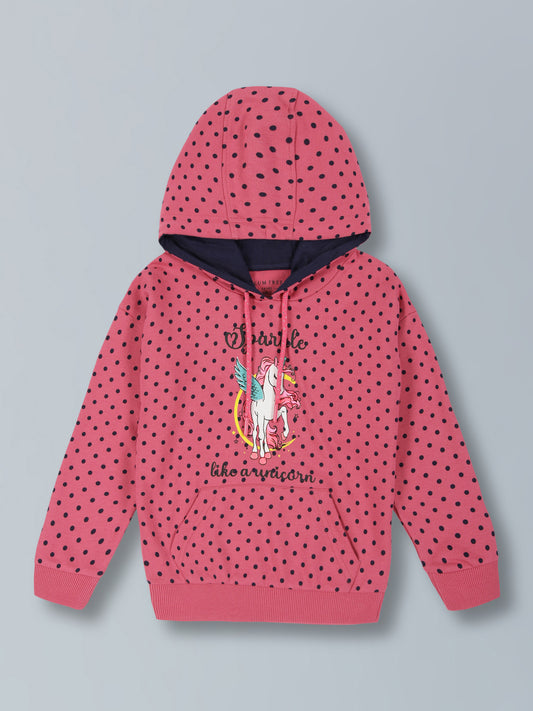 Girls Polka AOP & Sparkle Like A Unicorn Hooded Cotton  sweatshirt - Lovely Pink