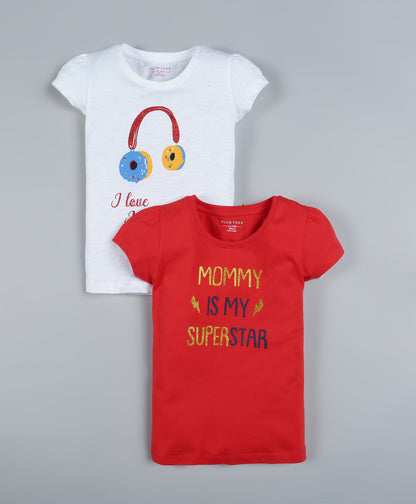 Plum Tree Girls Mommy Superstar Print  T-shirt( Pack of 2)-RED & OFF WHITE