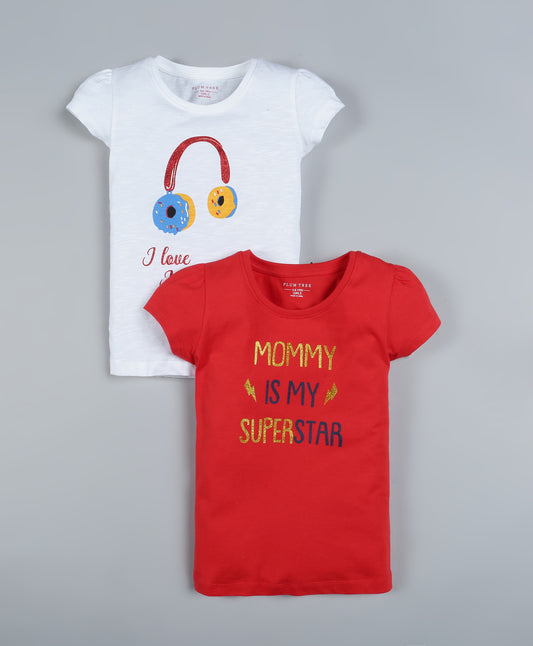 Plum Tree Girls Mommy Superstar Print  T-shirt( Pack of 2)-RED & OFF WHITE