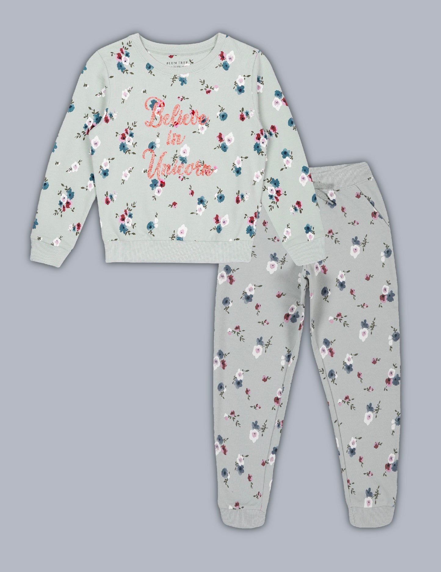 Round Neck Pullover Sweatshirt and Printed Jogger set- Green