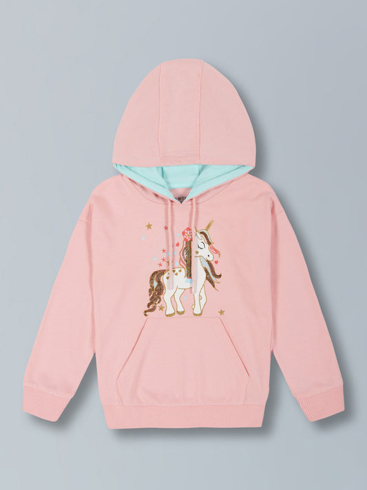 Girls Unicorn Print & EMB Hooded Cotton  sweatshirt - Pink