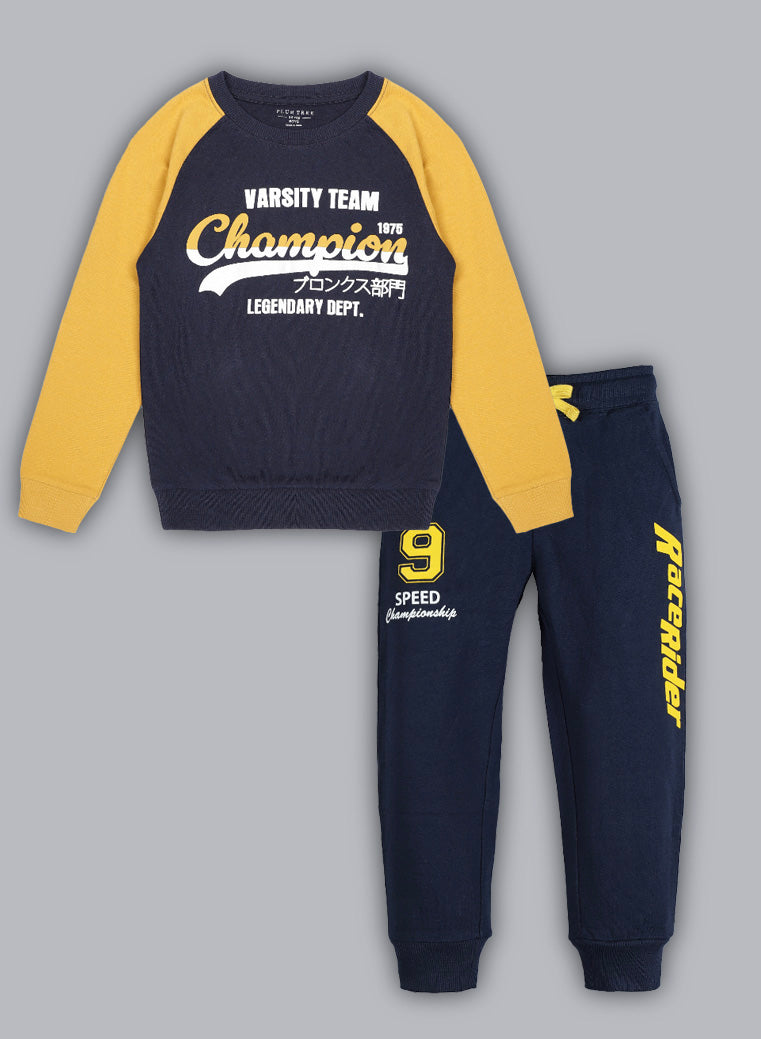 Raised Print Round Neck Pullover Sweatshirt and Printed Jogger set