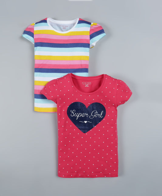 Plum Tree Girls Super Girl Print  T-shirt( Pack of 2)-HOT PINK & STRIPER