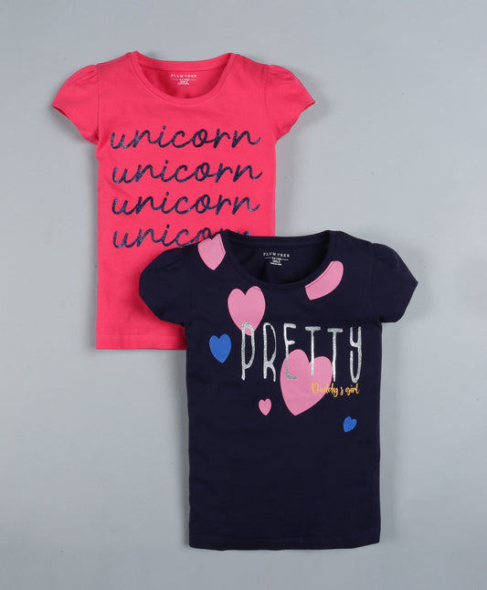 Plum Tree Girls Pretty Print  T-shirt( Pack of 2)-NAVY & HOT PINK