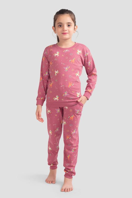 Plum Tree Girls 100% Cotton Unicorn All Over Printed Full Sleeve T-Shirt & Jogger (Set)