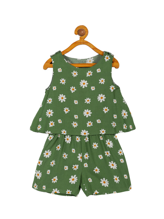 Plum Tree Girls Polka  Printed Ruffled Jumpsuit-GREEN