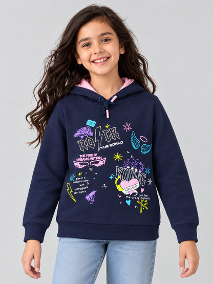 Girls Premium Soft Cotton Full Sleeve Printed Hooded Sweatshirt