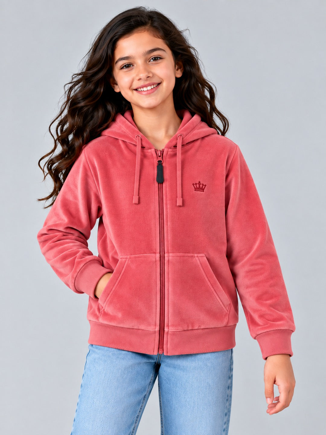 Girls Premium Velour Full Sleeve Solid Full-Zipper Hooded Sweatshirt