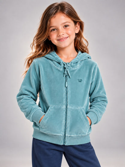 Girls Premium Velour Full Sleeve Solid Full-Zipper Hooded Sweatshirt