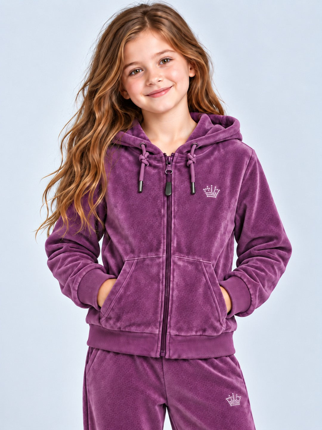 Girls Premium Velour Full Sleeve Solid Full-Zipper Hooded Sweatshirt