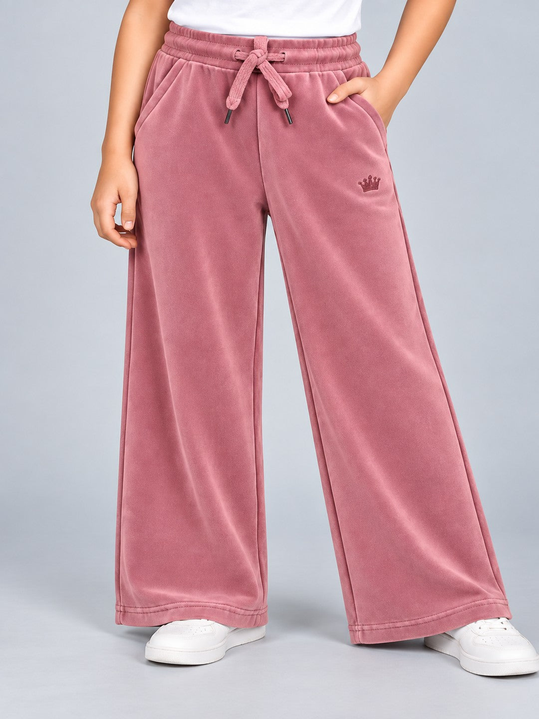 Girls Premium Velour Crown stone Printed Wide Leg Pant