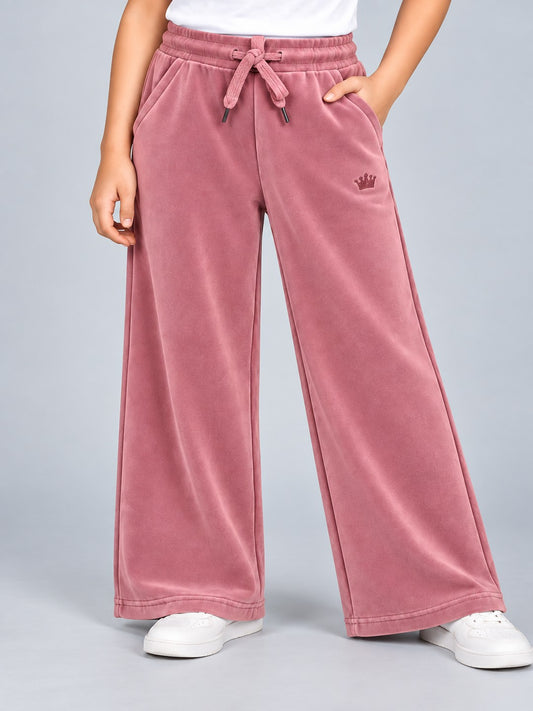 Girls Premium Velour Crown stone Printed Wide Leg Pant