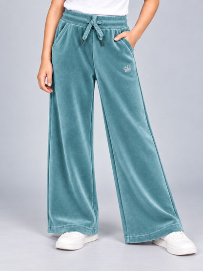 Girls Premium Velour Crown stone Printed Wide Leg Pant