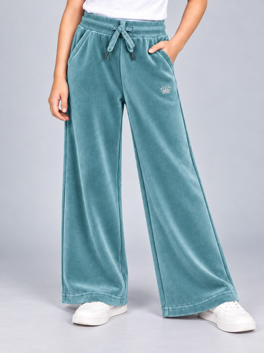 Girls Premium Velour Crown stone Printed Wide Leg Pant